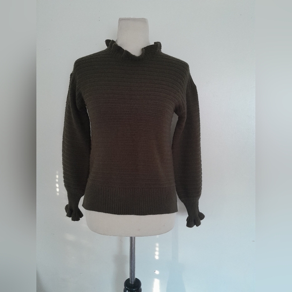 Madewell Olive Green Ruffle Mock Neck Sweater Ribbed Knit Lettuce Trim Pullover - Picture 2 of 12